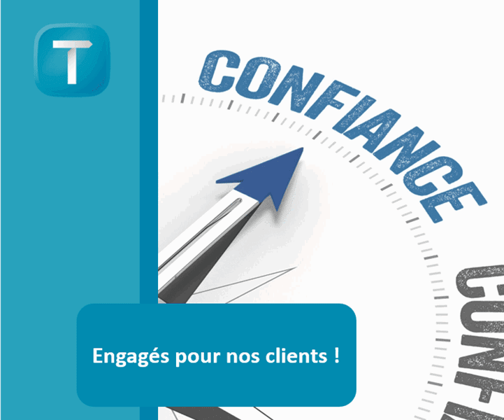 Une boussole représentant les valeurs de Technett, à commencer par la confiance, avec un encart bleu où il est écrit : "Engagés pour nos clients !"