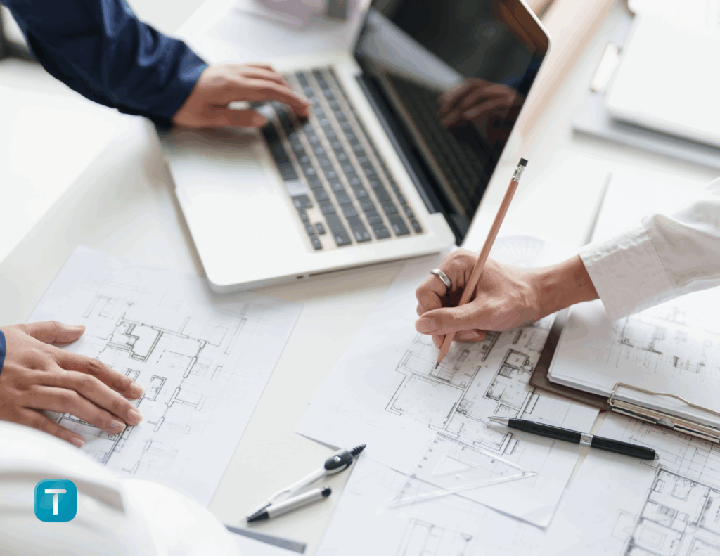 Les mains de deux personnes sur un bureau composent des plans et écrivent sur le clavier d'un ordinateur.