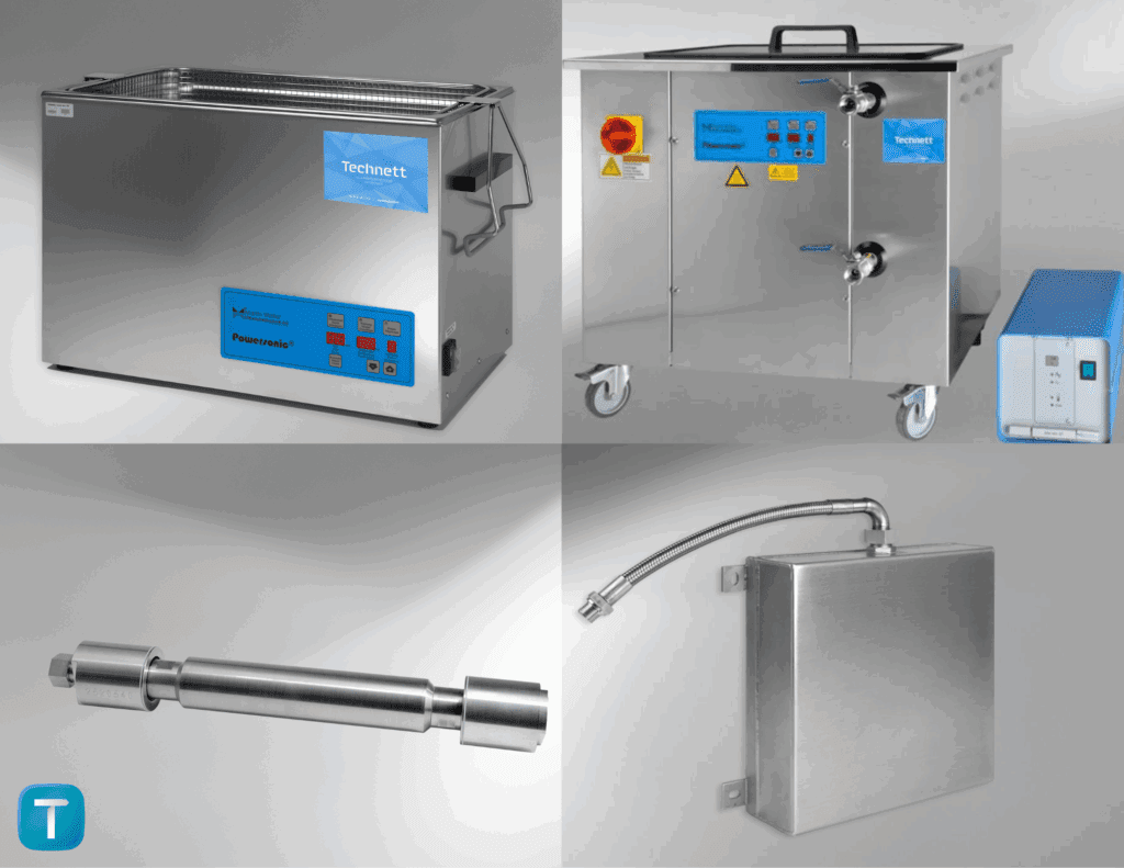 Trois produits vendus par Technett sont mis en avant : la cuve à Ultrasons industrielle, la cuve à Ultrasons de laboratoire, le push-pull et l'émetteur immergeable.