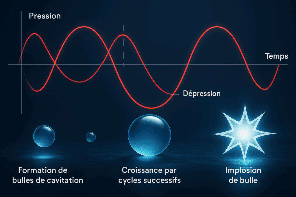 Schéma représentant le phénomène de cavitation et ses étapes, avec d'abord la formation de bulles de cavitation, la croissance par cycles successifs, et enfin l'implosion de bulle, tout cela influencé par des paramètres de temps, dépression et de pression.